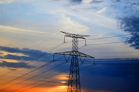 pylon, elektřina, obloha, Západ slunce, příspěvek, energii, kabely