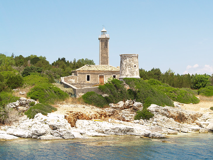 灯台, 海岸, ギリシャ, 海, 家, 石