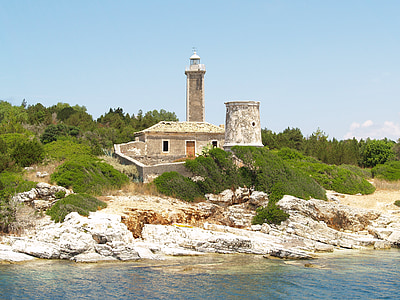 Lighthouse, kusten, Grekland, havet, hus, stenar