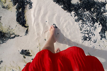 dress, feet, low angle photography, low angle shot, outdoors, person, sand