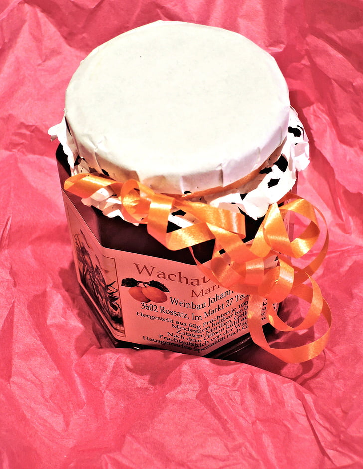 gift idea, apricot preserves, ribbons, gift paper, crafts