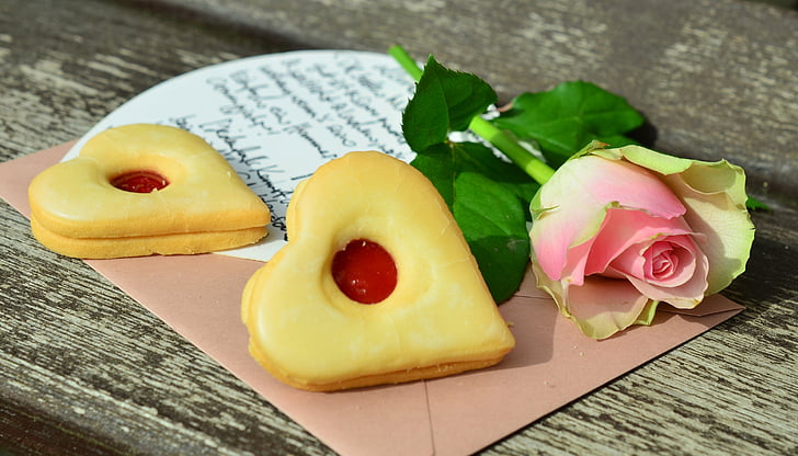 Cookies, biscuits coeur, pâtisseries, anniversaire, Rose, romantique, salutations
