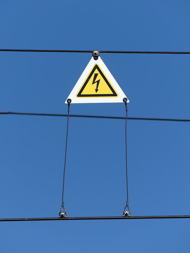 текущий, электричество, предупреждение, линия электропередачи, небо, warnschild