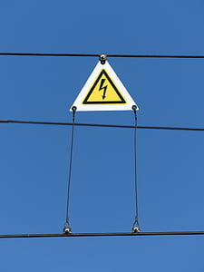 Текущи, електричество, предупреждение, електропровода, небе, warnschild