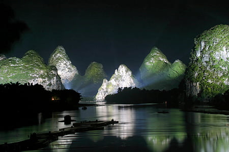 Guilin, Berge, Landschaft, Fluss, China, Nacht, Licht