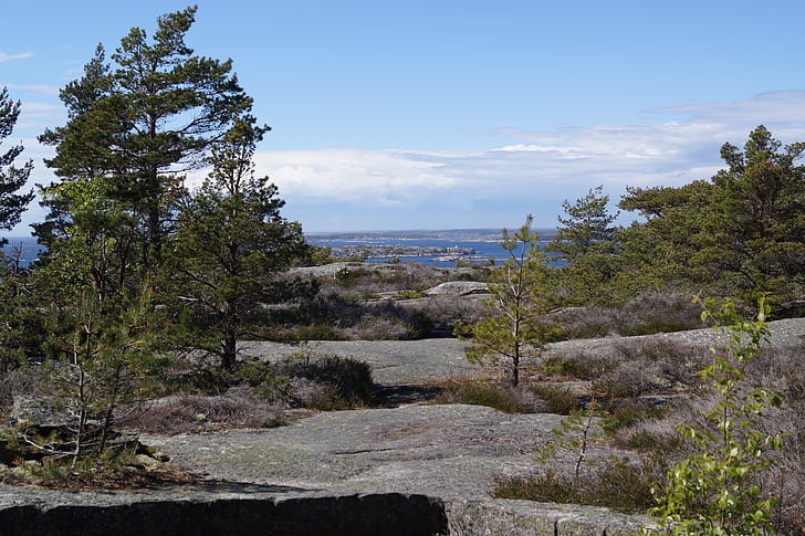 formacje skalne, Szwecja, Stromstad, krajobraz, góry, jeziora, drzewa