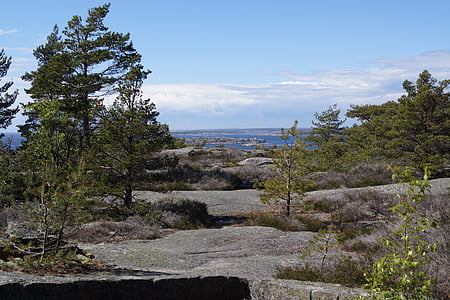 skalní stěny, Švédsko, Stromstad, krajina, hory, jezera, stromy