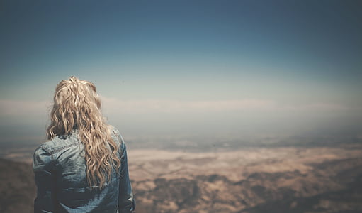 blonde, girl, horizont, lookout, person, view, whitespace