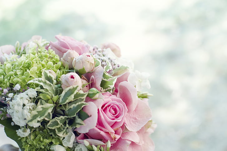 bukett, bukett blommor, bröllop, gifta sig, rosor, blommor, vit