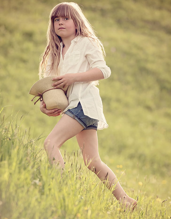 person, human, child, girl, hat, meadow, nature