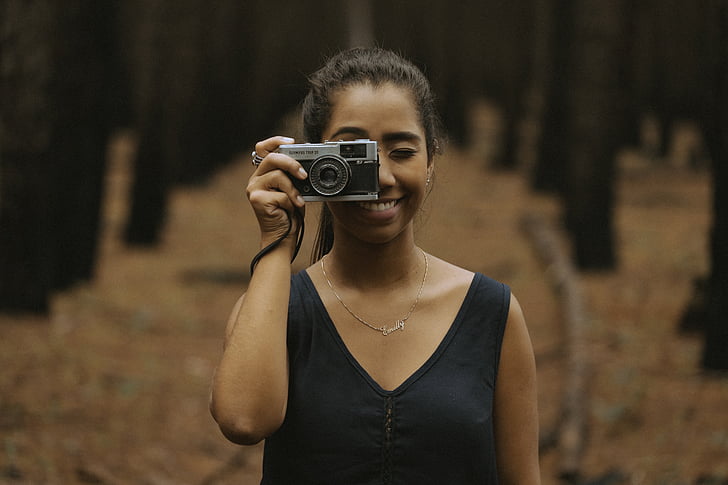 cámara, película, mujer, de la sonrisa, fotógrafo, accesorios, BUN