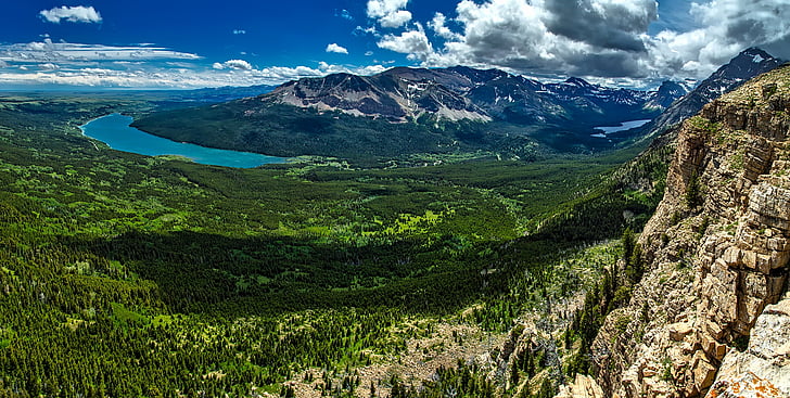 glacier national park, montana, panorama, mountains, valley, ravine, forest