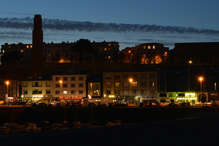 város, éjszaka, Wharf, Port, bisztró, világítás, Brest