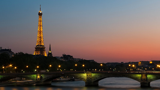 日落, 桥梁, 暮光之城, 灯, 晚上, 黄昏, 巴黎