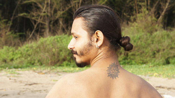 tattoo, beach, pose, naked, long hair, sunlight, body