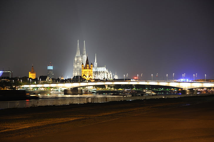 scène de nuit, Cologne, Allemagne, Rhin, eau, pont, réflexions