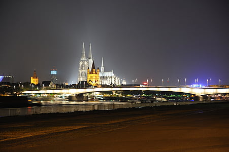 escena de la noche, Colonia, Alemania, Rin, agua, puente, reflexiones