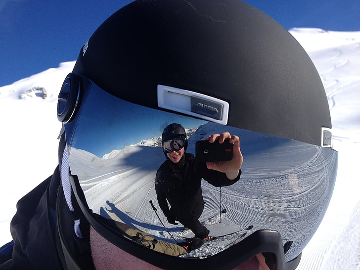lunettes de protection, mise en miroir, piste de ski, blanc, selfie
