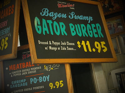 Ranskan quarters, Gator burger, New orleans, Cajun ruokia, alligaattori liha, alligaattori