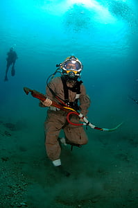 diver, salvage, navy, military, ocean floor, walking, wrench