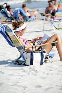 stranden, strand stol, bikini, jente, glad, ferie, fornøyd