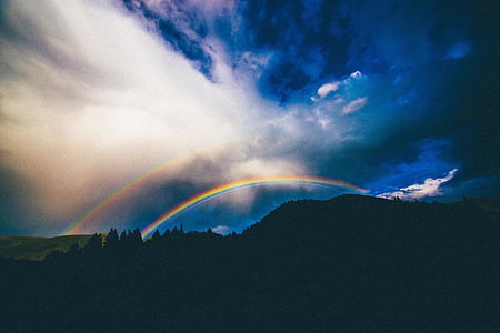 view, rainbow, clouds, forest, grass, mountain, nature