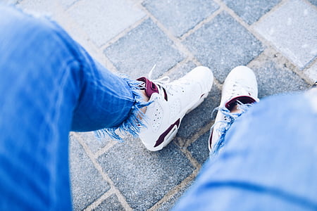person, wearing, white, air, jordan, basketball, shoes