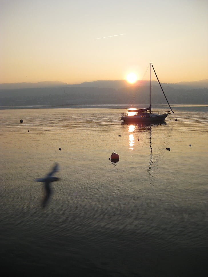 Lac, coucher de soleil, abendstimmung, botte, bateau à voile, mer, bateau nautique