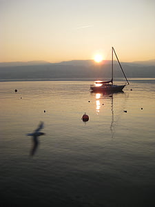 Lac, coucher de soleil, abendstimmung, botte, bateau à voile, mer, bateau nautique