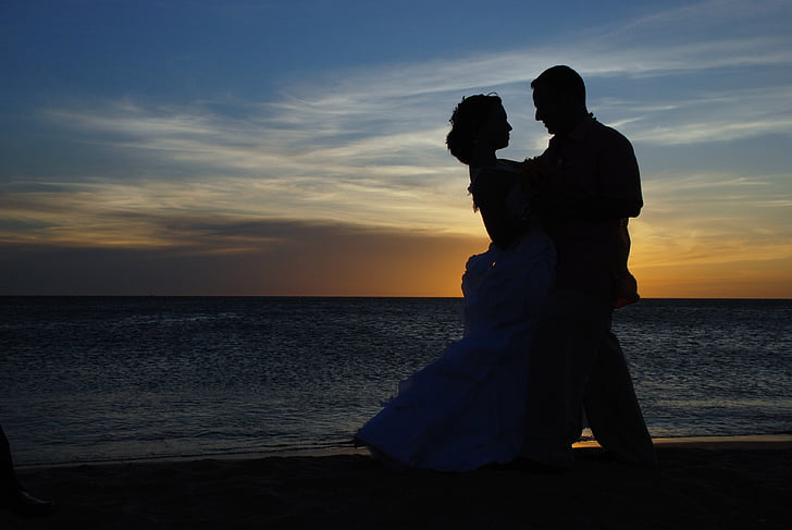 двойка, сватба, женен, брак, романтичен, фон, плаж