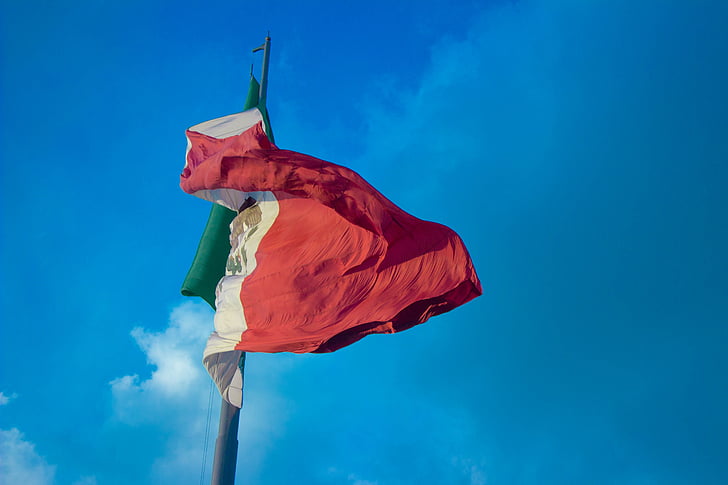 флаг, Мексико, вятър, Национално знаме на Мексико, небе, мексиканския флаг