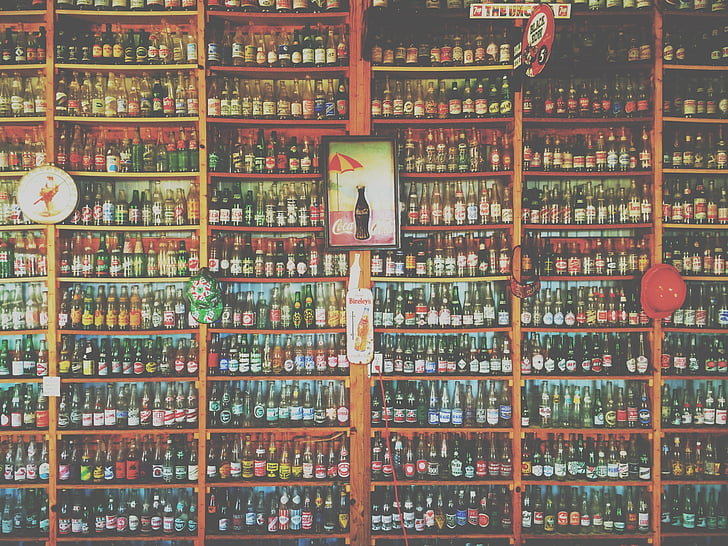 glass, bottles, coke, coca cola, shelves, display