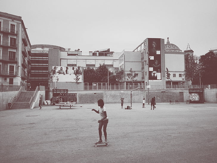 svart-hvitt, barn, barn, jente, gutt, Skateboarding, Urban