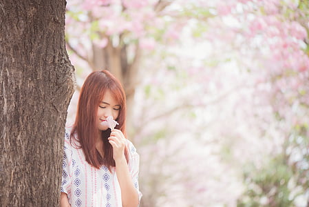Asian, blur, bright, cheerful, cherry blossoms, female, flora