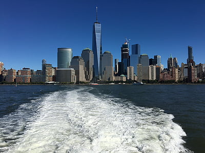 Manhattan skyline, DOM tornis, pamodināt, siluets, upes, Debesskrāpis