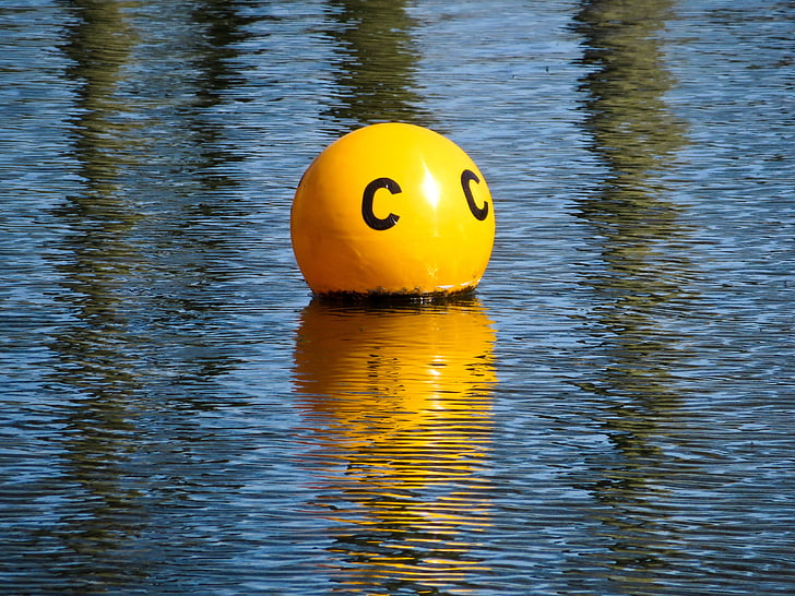 buoy, float, water, buoyancy, reflection, sphere, yellow