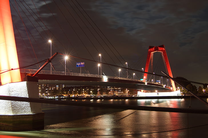 Rotterdam, Ponte, acqua, architettura, Paesi Bassi, notte, luci