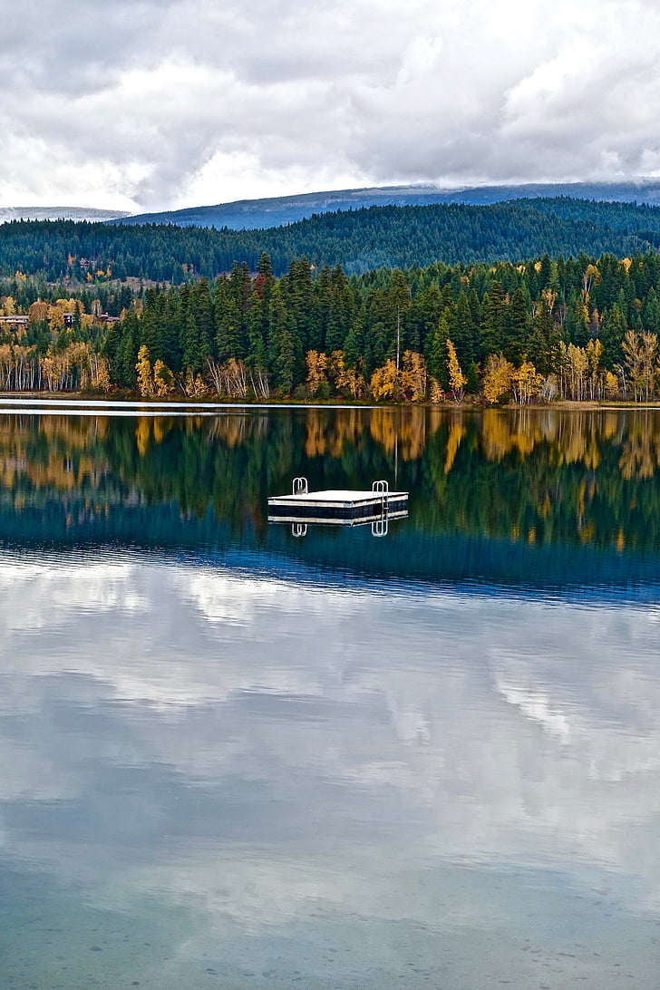 platform, swim, lake, autumn, shore, water, reflection
