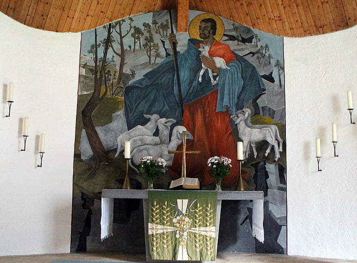 kyrkan, interiör, altaret, väggmålning, tror, Christen, protestantiska