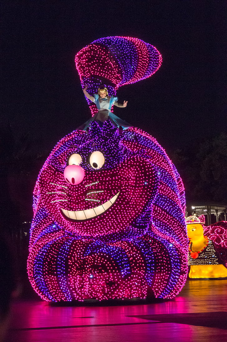 Cheshire cat, Disney, Japan, parade, Tokyo, natt, lys