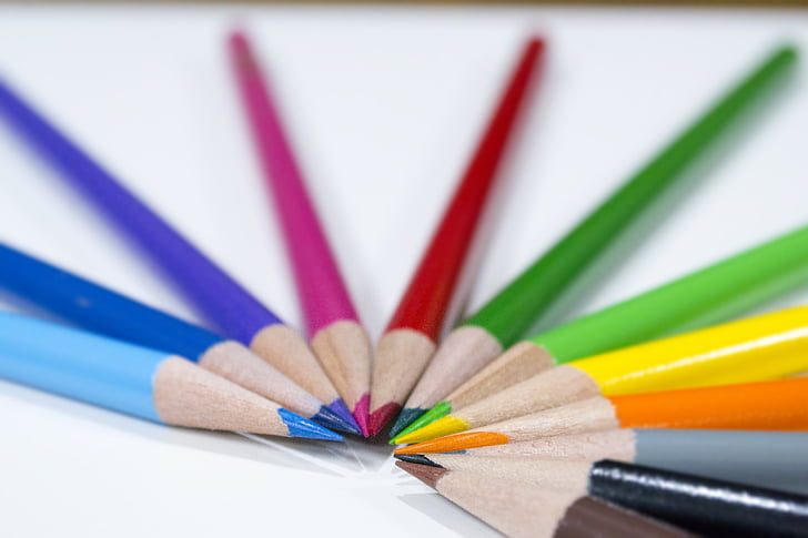 warna, pensil, sekolah, pensil, multi berwarna, kuning, merah