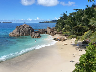 Seychelle-szigetek, La digue, Beach, trópusi, sziget, paradicsom, türkiz