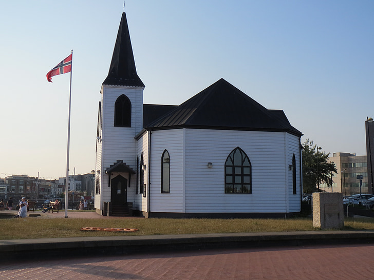 Église norvégienne, Baie de Cardiff, luthérienne, adoration, blanc, religieux, spirituelle
