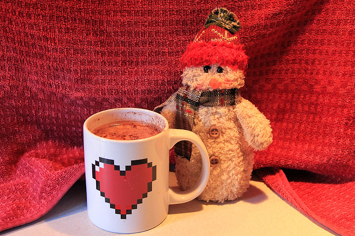 christmas, hot chocolate, snowman, toy, mug, hear, winter
