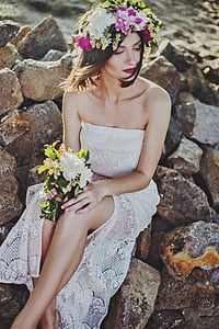 bouquet, dress, fashion, female, flowers, model, person
