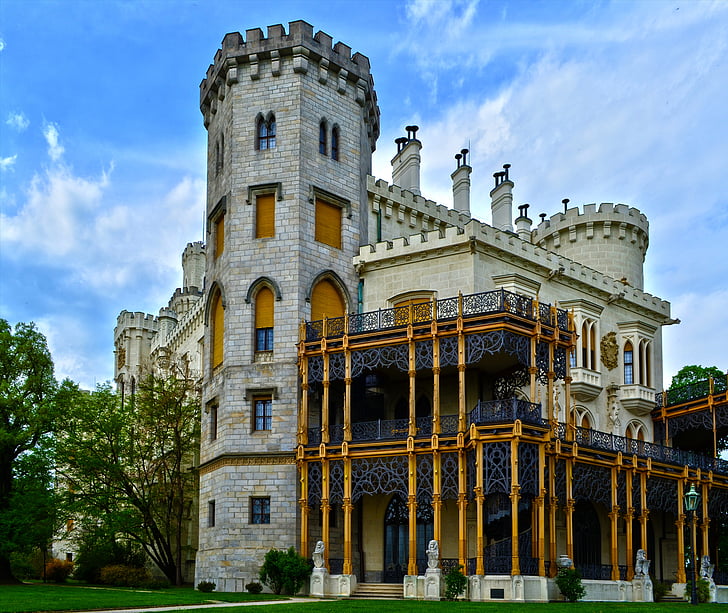 Hluboká, Castell, color, arquitectura, regió de Bohèmia Meridional, cel