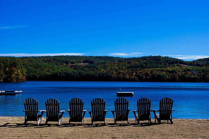beach, lake, chairs, sky, blue, serene, nature