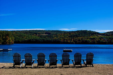 Plaża, Jezioro, krzesła, niebo, niebieski, spokojny, Natura