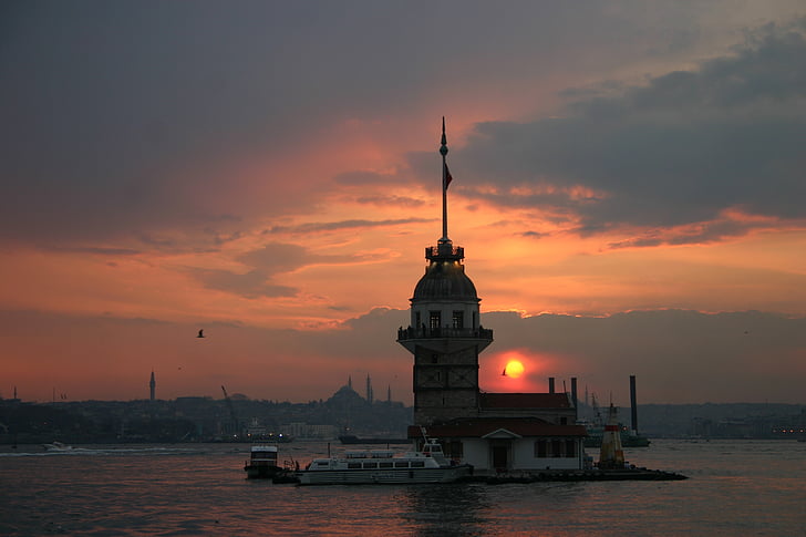 Maiden tower kiz kulesi, Istanbul, peisaj, apus de soare, arhitectura, culoare portocalie, cer