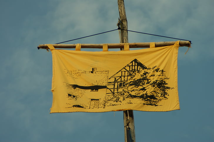 path finder, flag, sky, flagpoles, hoisted, hoist flag, yellow flag